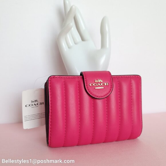 COACH Bifold Quilted Soft Smooth Leather ID Window Medium Wallet - Bold Pink ⭐ - Picture 3 of 16